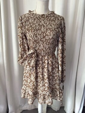 Brown Smocked Waist Floral Mini Dress